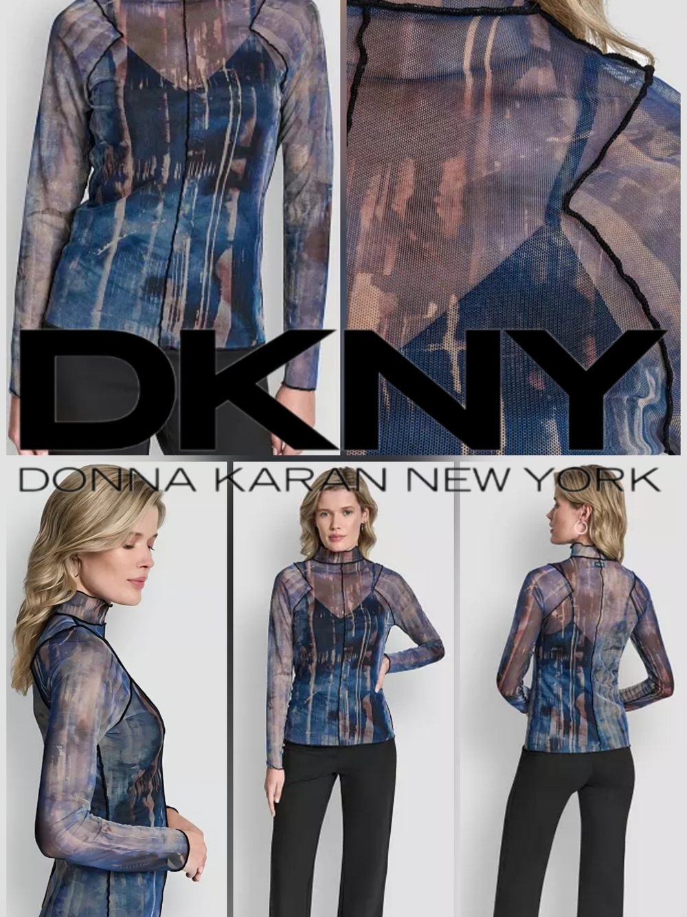 🎉HOST PICK🎉DKNY Women's Sheer Mesh Mock Neck Long-Sleeve Top — Abstract Print